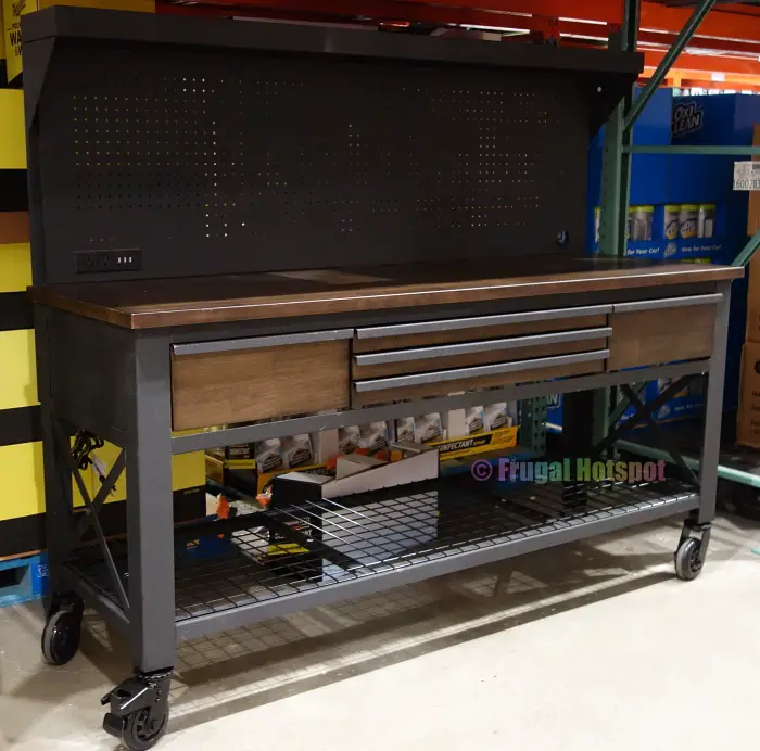 Whalen 72 Industrial Metal and Wood Workbench with Pegboard | Costco Display angled view