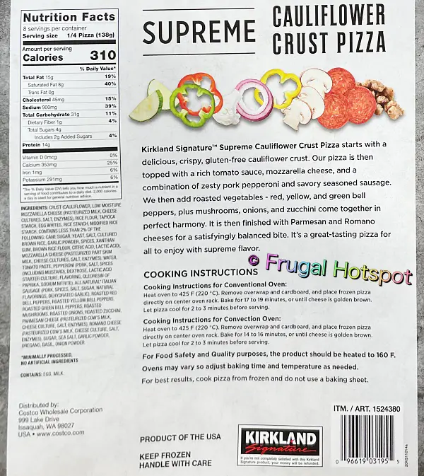 Kirkland Signature Supreme Cauliflower Crust Pizza | Nutrition Facts | Costco