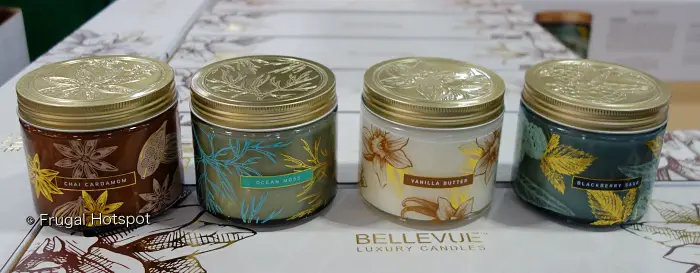 Bellevue Luxury Candles | Chai Cardamom | Vanilla Butter | Ocean Moss | Blackberry Sage | Costco Display top view