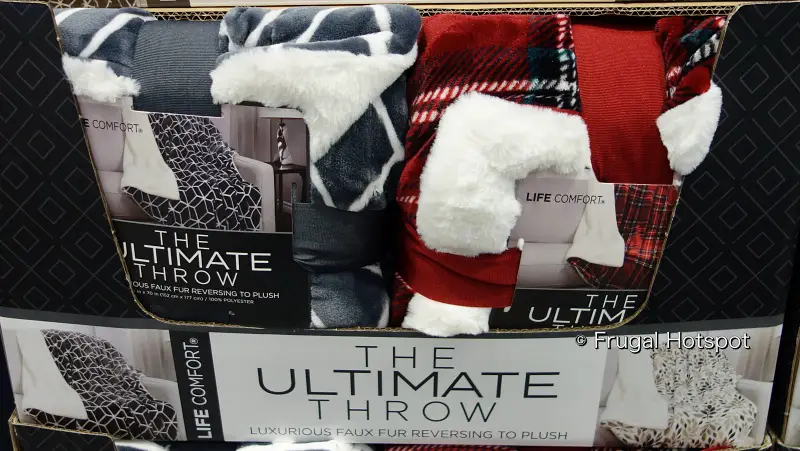 Life Comfort Ultimate Faux Fur Throw | gray print and red plaid | Costco