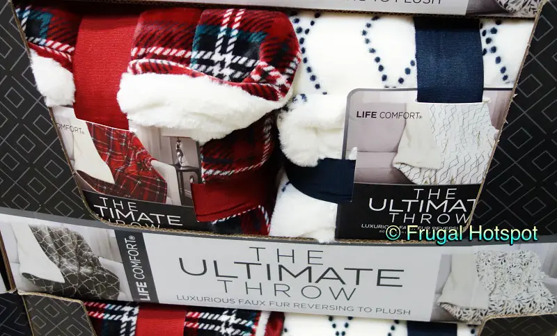 Life Comfort Ultimate Faux Fur Throw | red plaid and white with blue | Costco