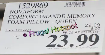 Novaform ComfortGrande Plus Gel Memory Foam Pillow Queen size | Costco Sale Price