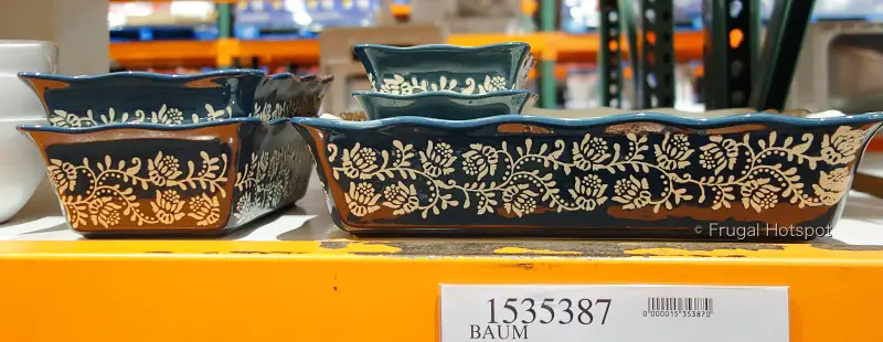 Baum Floral Vines Oven To Table 5-Piece Bakeware Set | Costco Display in dark teal blue | front view