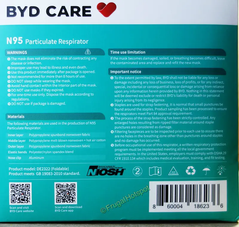 BYD Non-Sterile N95 Face Mask | materials | Costco
