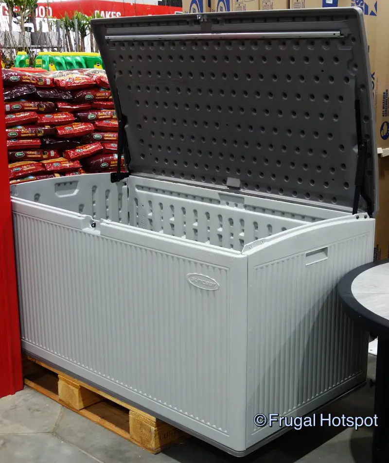 Suncast 160-Gallon Deck Box with lid open | Costco Display