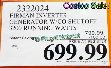 Firman 3200W Running : 4000W Peak Generator | Costco Sale Price 