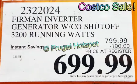 Firman 3200W Running : 4000W Peak Generator | Costco Sale Price