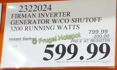Firman 3200W Running : 4000W Peak Generator | Costco Sale Price