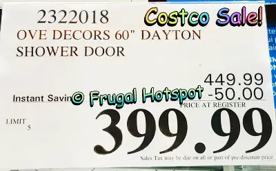Ove Decors 60 Dayton Shower Door | Costco Sale Price