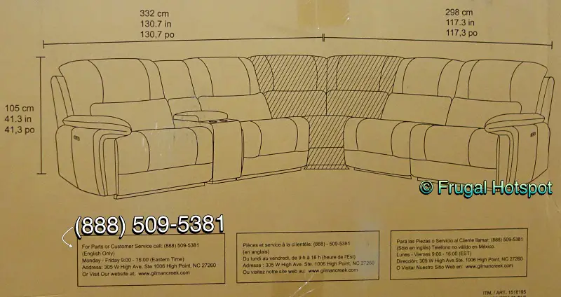 Gilman Creek Malachi Leather Power Reclining Sectional | dimensions | Costco