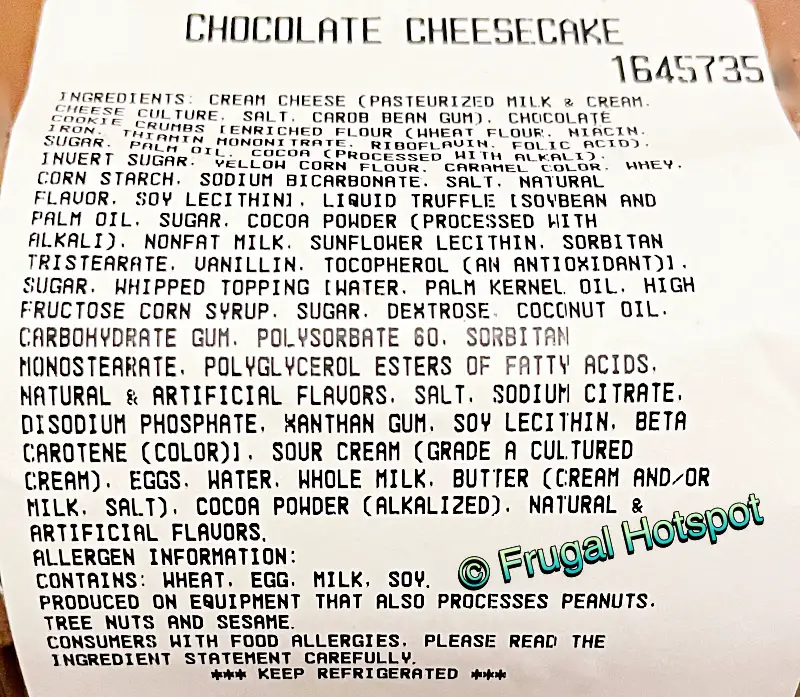 Kirkland Signature Chocolate Cheesecake | ingredients | Costco