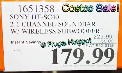 Sony HT-SC40 2.1ch Soundbar + Wireless Subwoofer | Costco Sale Price
