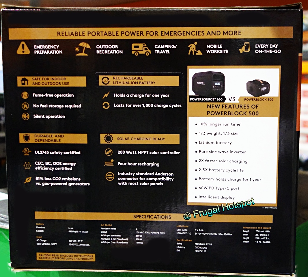 Duracell PowerBlock 500 Gasless - Battery Generator | Specs | Costco