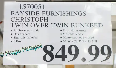 Bayside Furnishings Christoph Twin over Twin Bunkbed | Costco Price