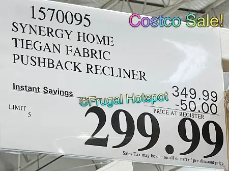 Synergy Tiegan Fabric Pushback Recliner | Costco Sale Price