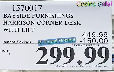 Whalen Bayside Furnishings Harrison Corner Desk with Lift | Costco Sale Price | Item 1570017