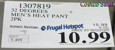 32 Degrees Heat Men's Base Layer Pant | Costco Sale Price