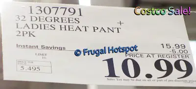 32 Degrees Heat Women's Base Layer Pant | Costco Sale Price