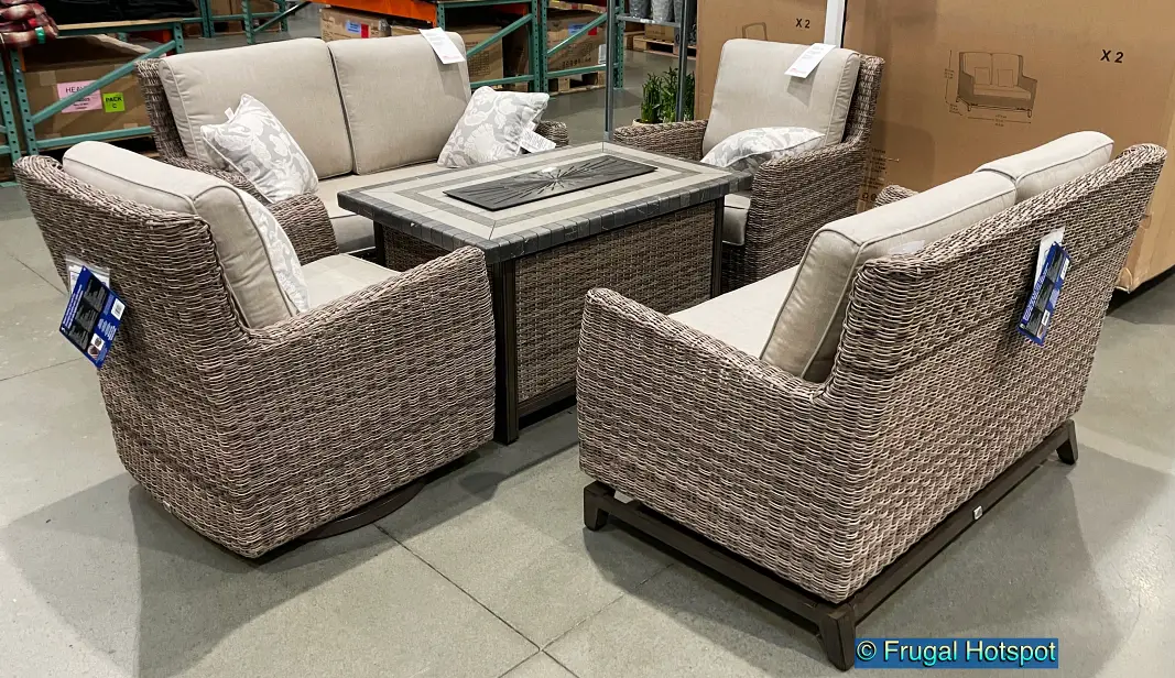 Agio Anderson 5-Piece Woven Seating Set with Fire Table | Costco Display