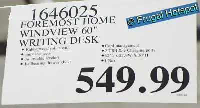 Foremost Home Windview 60” Writing Desk | Costco Price
