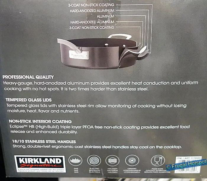 Kirkland Signature 12 Piece Hard Anodized NonStick Cookware Set | features | Costco Item 1119345