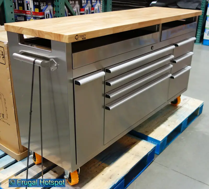 TRINITY 66 Stainless Steel Rolling Workbench | Costco Display angled view | Item 2323045