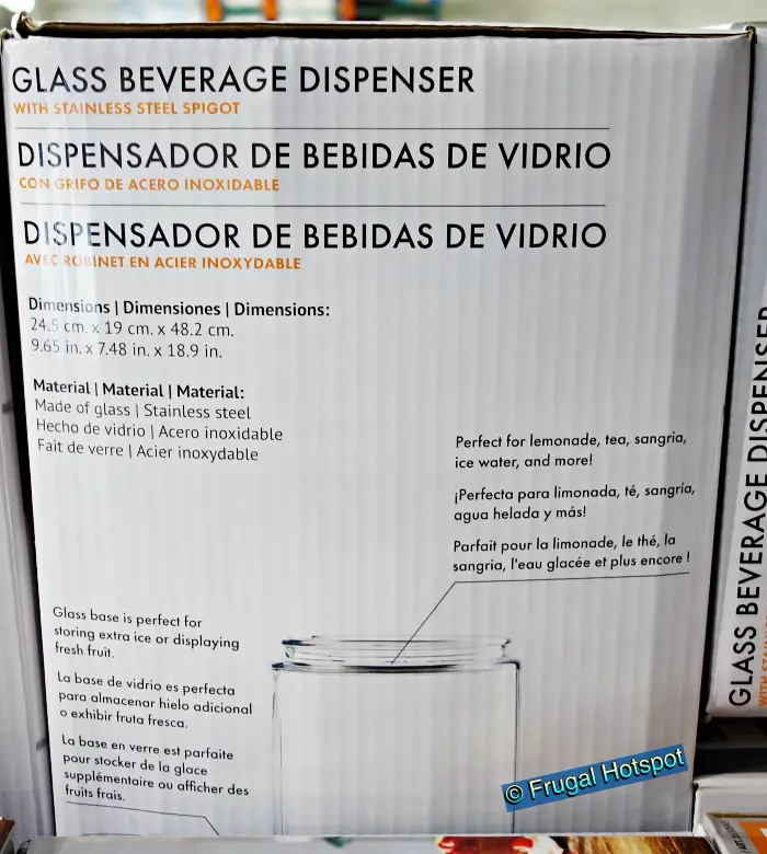 Mesa 2.1-Gallon Glass Beverage Dispenser | features | Costco item 1630845