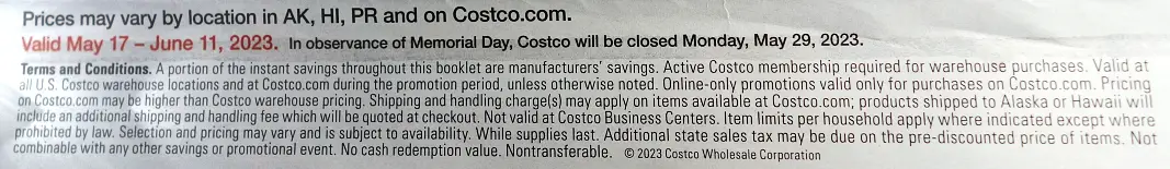 Costco Coupon Book MAY JUNE 2023 terms