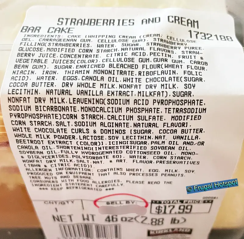 Kirkland Signature Strawberries and Cream Bar Cake | Ingredients | Costco 1732188