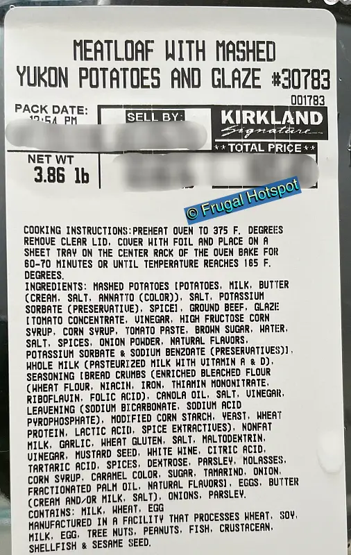 Cooking Instructions and Ingredients | KS meatloaf and mashed potatoes | Costco 30783