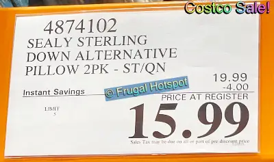 Sealy Sterling Collection Down Alternative Pillow 2 Pack | Costco Sale Price | Item 4874102