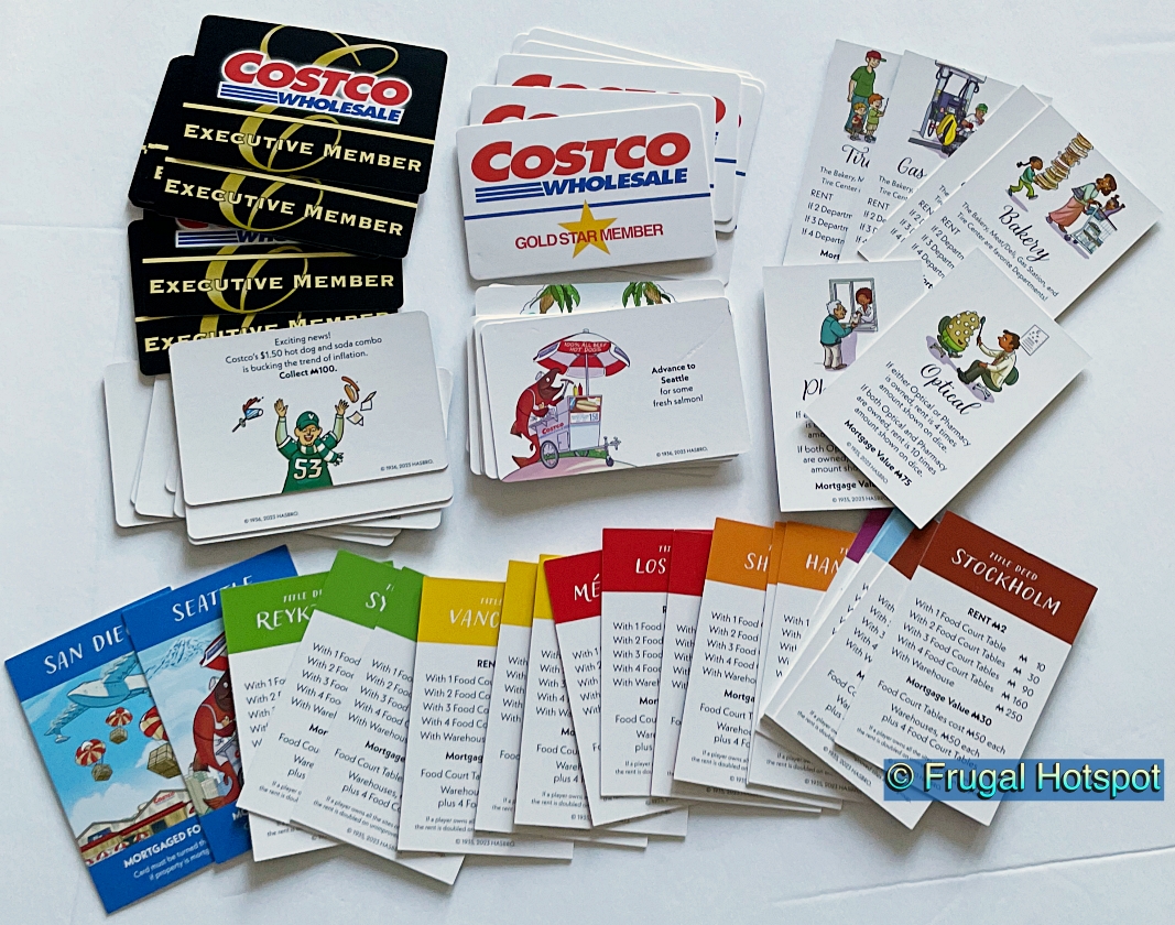 Costco Monopoly chance cards and community chest cards and title deed cards