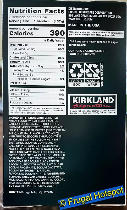 Kirkland Signature Croissant Bacon Egg and Cheese Breakfast Sandwich | Nutrition Facts and Ingredients | Costco Item 1748763