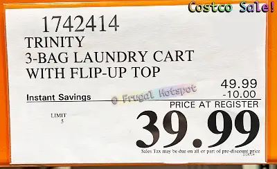 Trinity 3 Bag Laundry Cart with Flip Up Top | Costco Sale Price | Item 1742414