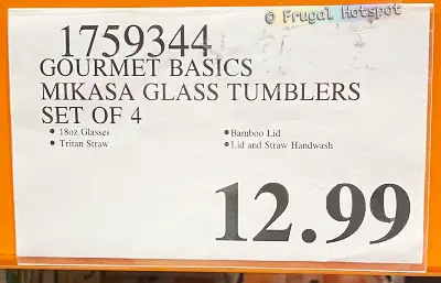 Gourmet Basics by Mikasa 4 Piece Glass Tumbler with Bamboo Lid and Straw | Costco Price | Item 1759344