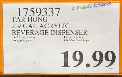 Tarhong 2.9 Gallon Acrylic Drink Dispenser | Costco Price